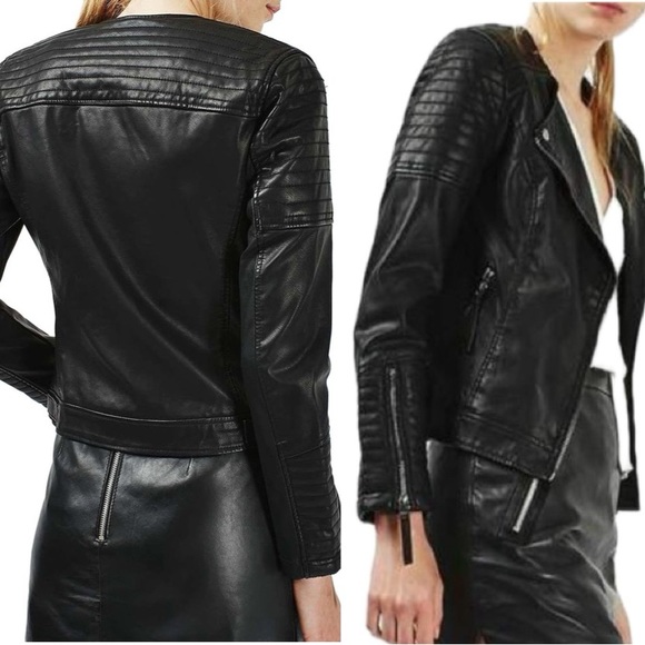 TOPSHOP Women's Black Polly Faux-Leather Biker Jacket Size 4 - Picture 2 of 10